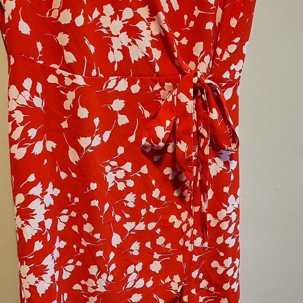 J. Crew Vibrant Red-Orange Wrap Dress with White Floral Design - Picture 7 of 10